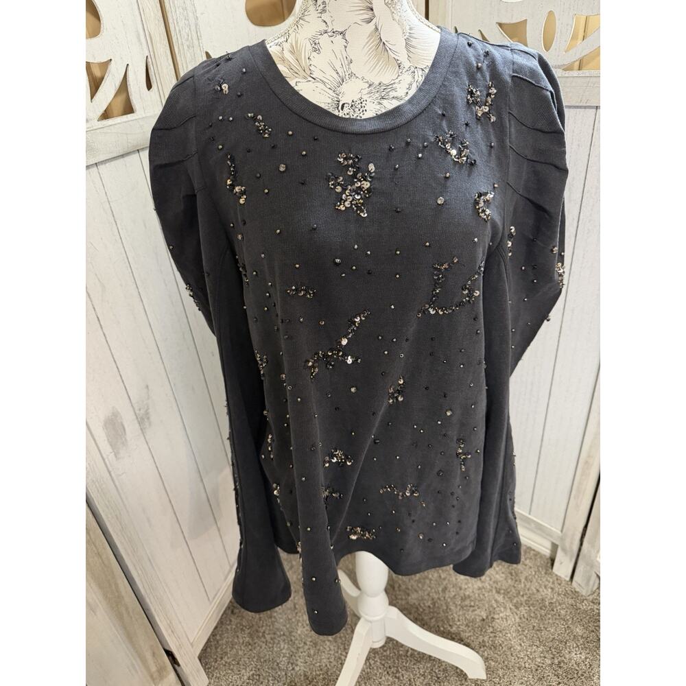 Pilcro Anthropologie Beaded Sweatshirt Sweater Charcoal Black Gray Size XL